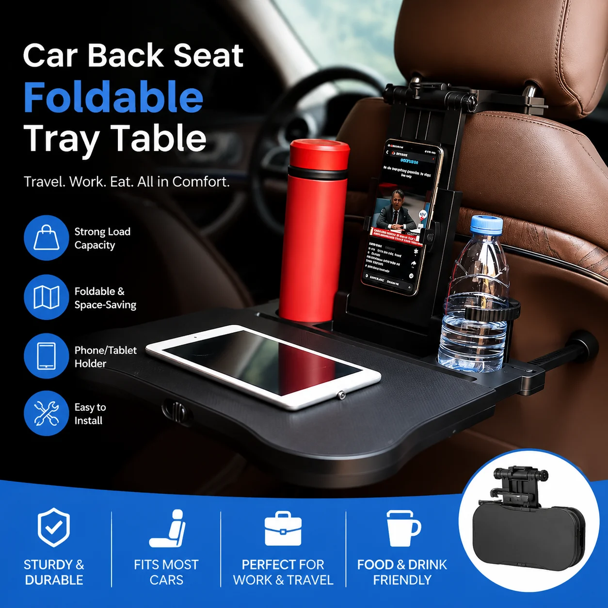 

Foldable A08 rear seat desk, durable car dining tray, flexible laptop bracket for self-driving tour and long-distance riding