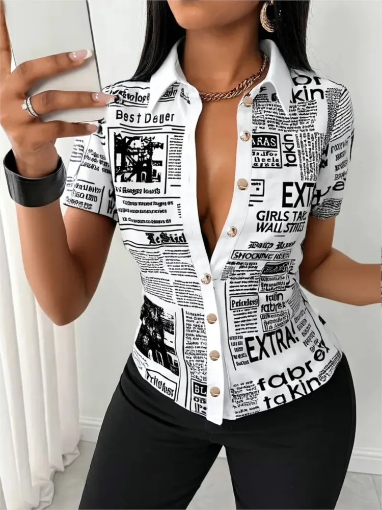 

Solid Color Chiffon Shirt Spring Summer Casual Short Sleeved Fashion Newspaper Printed Single Breasted Sexy Slim Fit Women Shirt