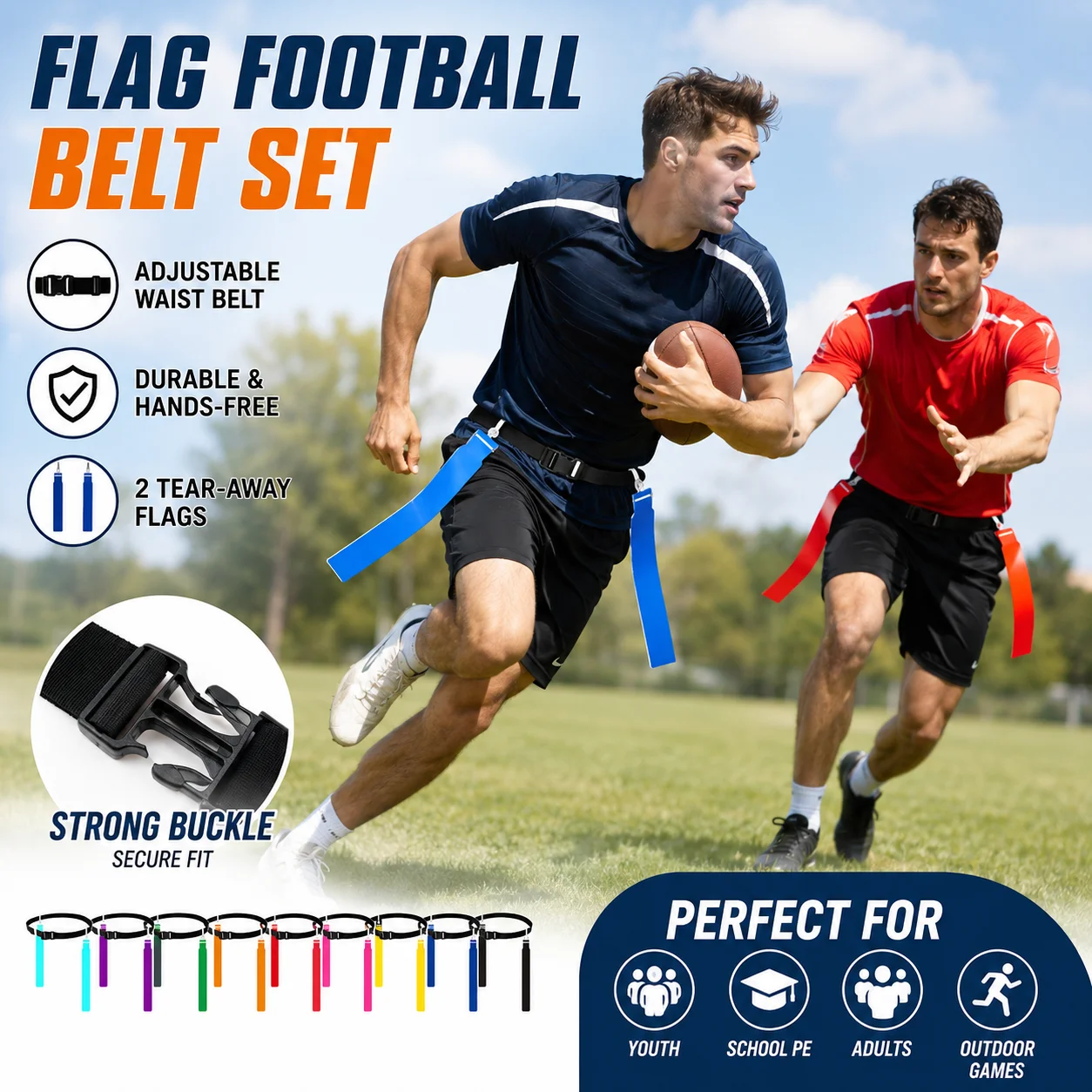 Flag Football Belt Set with 2 Detachable Flags, Adjustable Waist Belt for Kids Adults, Youth Training Gear