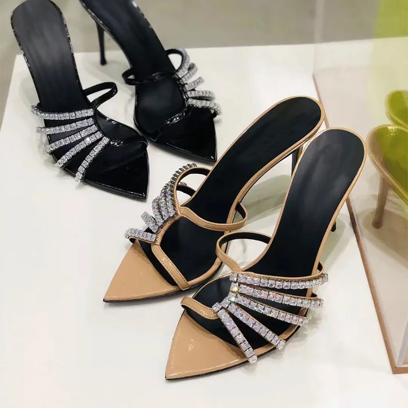 Rhinestone Stiletto Heels Women\'s 24 Summer New Black Versatile Slippers with Pointed Toe Open Toe Sandals