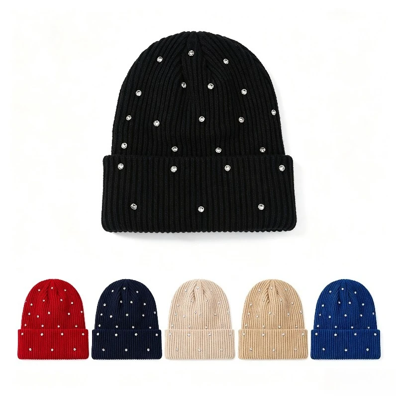 1pc Sparkling Rhinestone Studded Knit Beanie for Ladies Soft Stretch Winter Hat Glitter Crystal Decor Headwear for Casual & Club