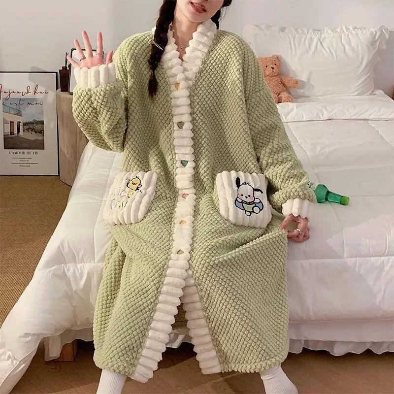 

Sanrio Pochacco Women's Sleepgown Nightdress New Autumn Winter Coral Fleece Flannel Thickened Plush Warm Cozy Home Loungewear