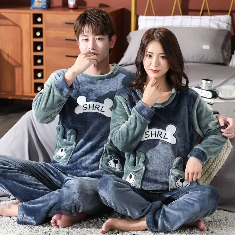 Unisex Flannel Sleepwear New Women Men Winter Warm Fleece Couples Pajamas Set Lovers Nightgown Cute Cartoon Pijamas Home Clothes