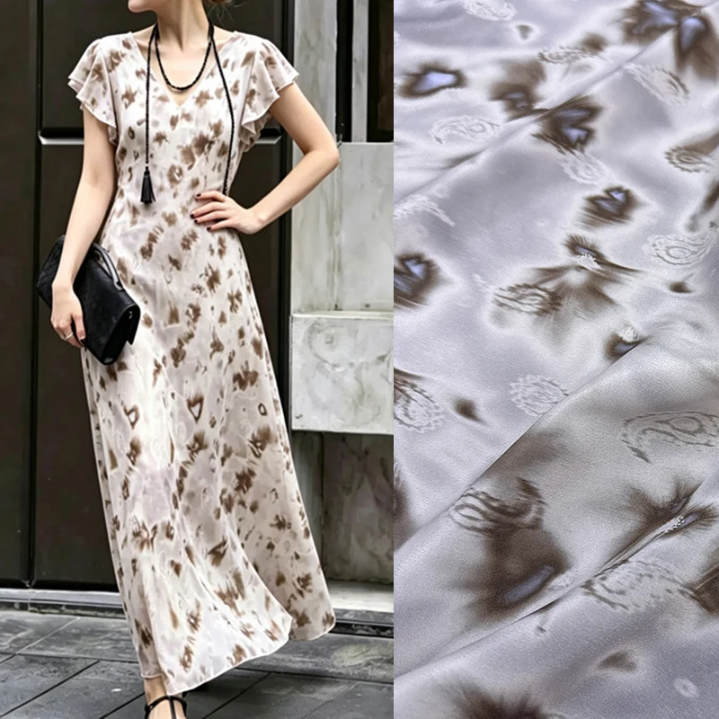 Printed Stretch Gray Silk Crepe de Chine Fabric for DIY Sewing Summer Dress Pants Pajamas Soft Comfortable Silk Fabric FR7015