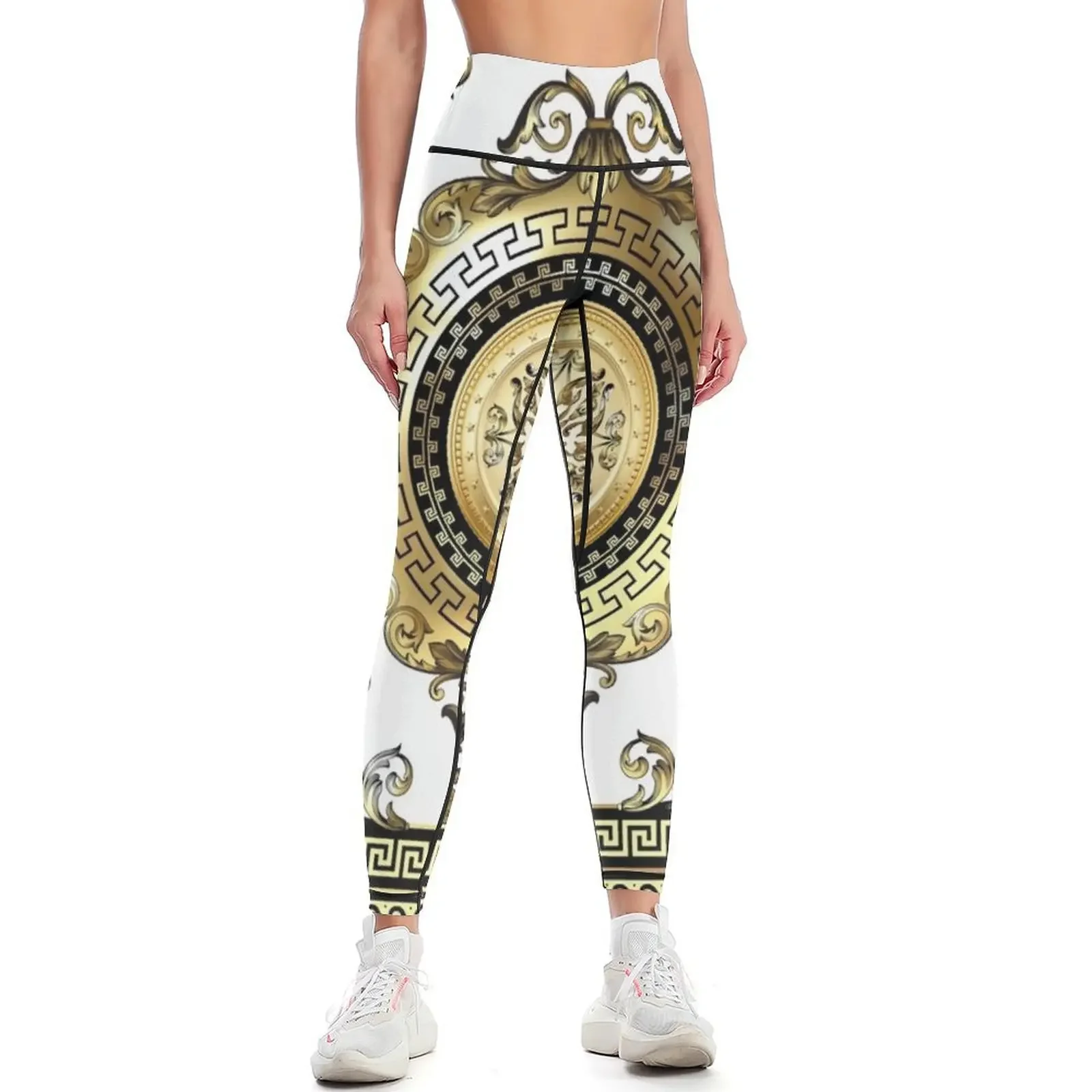

Ornate Baroque White Gold Black Greek Key Border Leggings Women's trousers gym's clothing Women's sports pants Womens Leggings