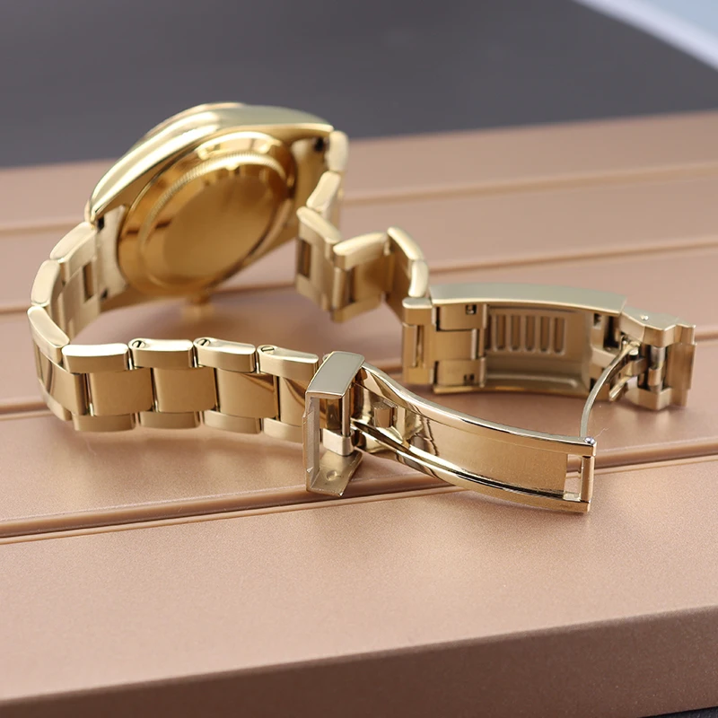 Caja de reloj curvada estriada dorada, 36mm, 39mm, zafiro para SK DJ NH35 NH36 NH38 NH34 Miyota 8215, movimiento, pulsera de Jubileo con esfera de 28,5mm