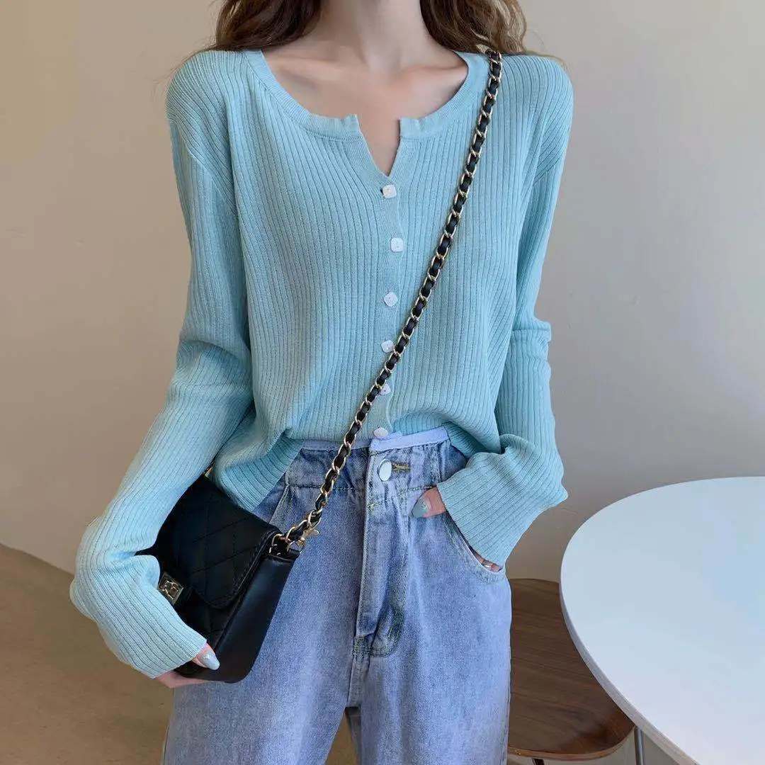 Korean Gentle Knitwear Women Long Sleeved Bottom Sweater Outerwear Cardigan Buttons Vintage Ribbed Top Blouse Tide Femme