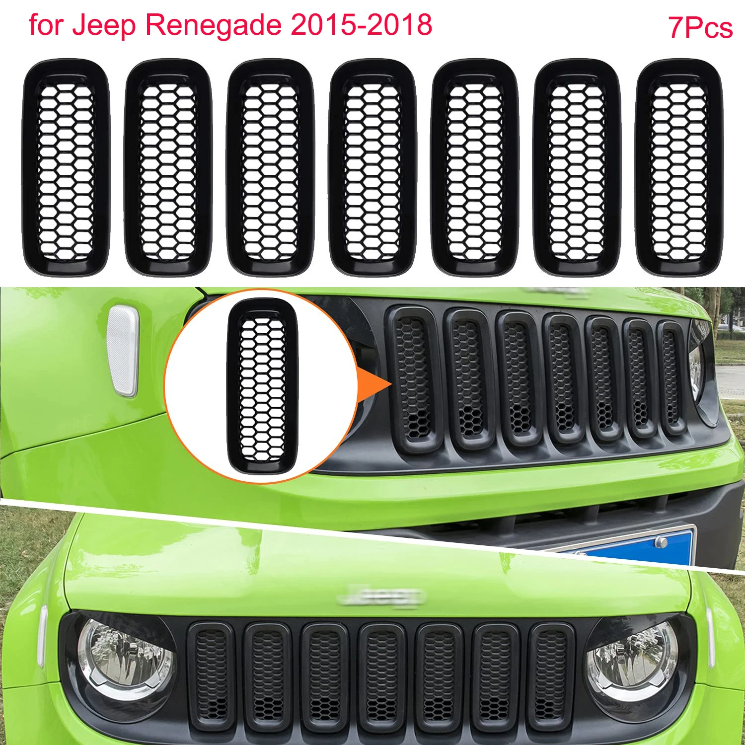 Front Grille Inserts Mesh Black ABS Grill Guard Cover Trim Fit for Jeep Renegade 2015 -2018 Fashion 7 Pcs 1 Set Front Car Cover