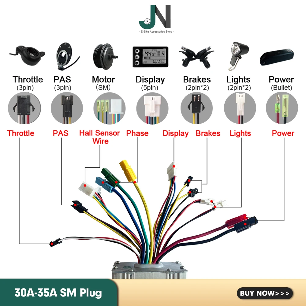 36V 48V 250W 350W 500W 750W 1000W 1500W JN Ebike Controller with SM WP Connector Use for Electric Scooter Control System