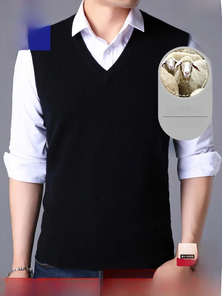 100% Wool V-Neck Men's Vest Business Casual Knitted Sweater Sleeveless Versatile Autumn Fashion Roemon Standard Fit Youthwear