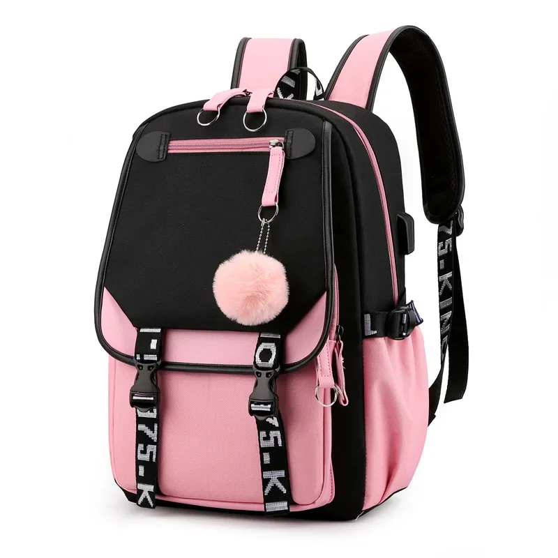 Large School Bags for Teenage Girls USB Port Canvas Schoolbag Student Book Bag Fashion Black Pink Teen School Backpack