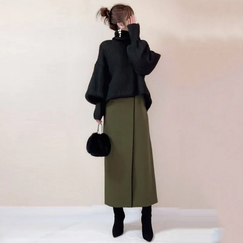Women Two Piece Sets Skirt Set Lantern Sleeve Knitted Sweater Turtle Neck Long Skirts A Line High Waist Elegant Work Spring 2026