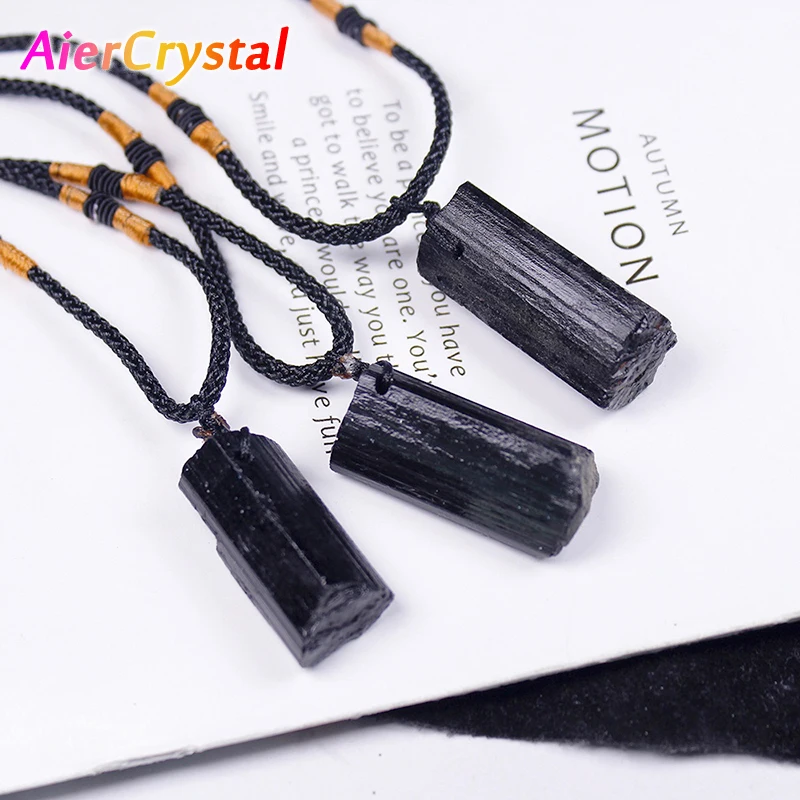 Black Tourmaline Column Pendant Rough Stone Natural Stone Necklace Ornament Crystal Thick Black Healing Energy Jewelry Gift