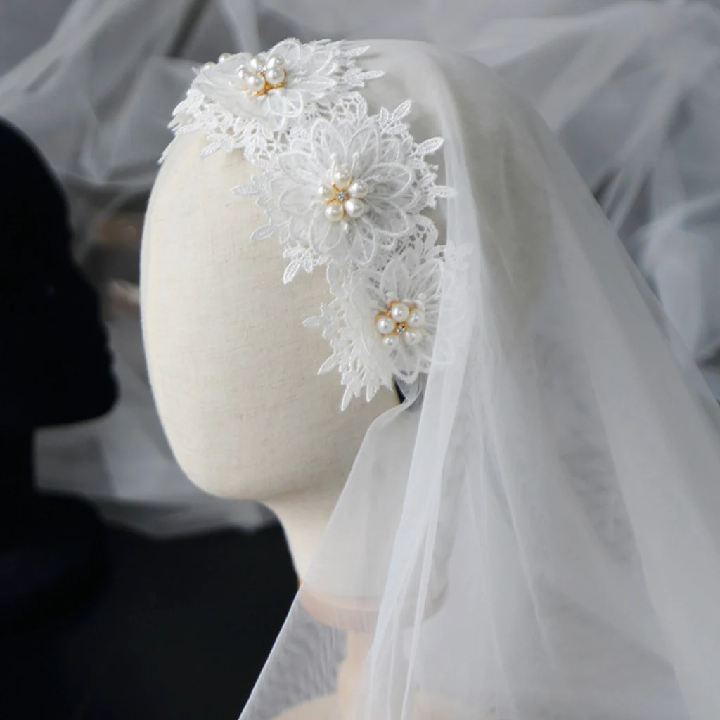 2 Tier Vintage Women Wedding Veil Floral Lace Applique Imitation Pearl Flower Bridal Veil With Fixed