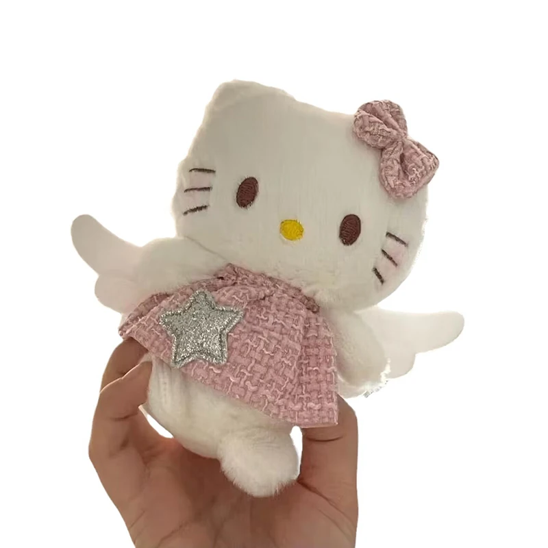 Hello Kitty Plush Doll Sanrio Fluffy Pendant Cute Kt Cat with Wings Schoolbag Hang Decor Stuffed Toys Keychain Kid Birthday Gift