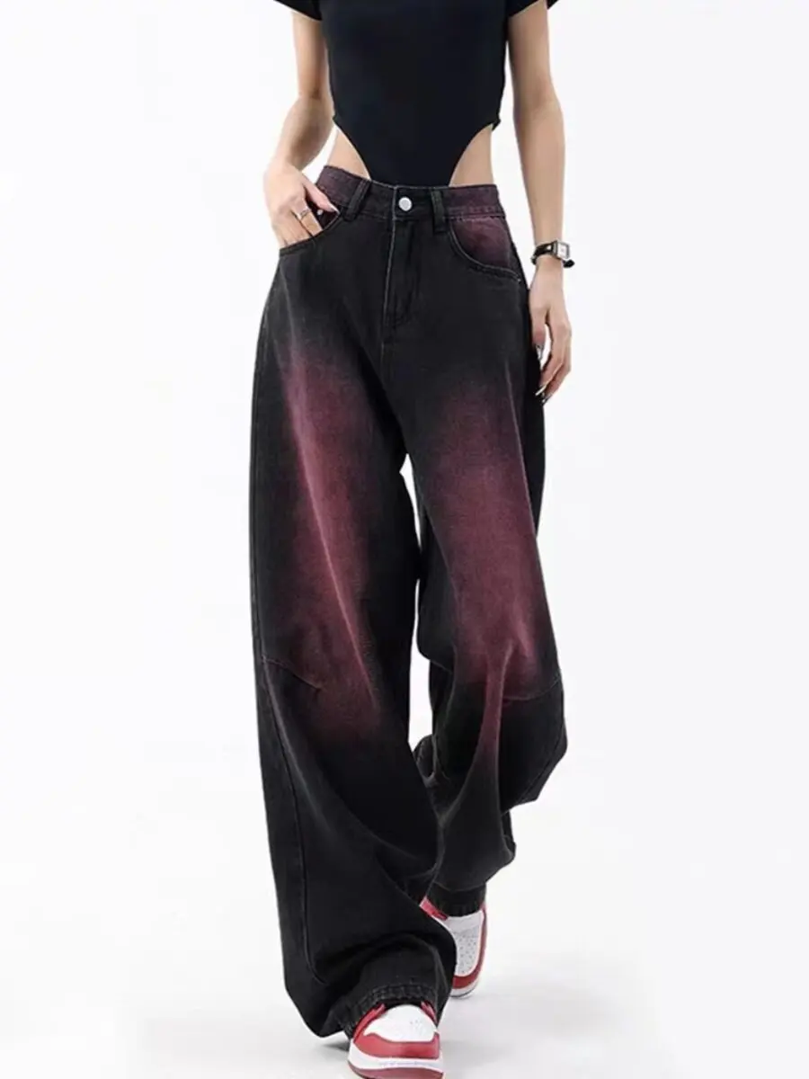 Women's Plus Size Wide Leg Jeans Purple Tie-Dye Black Gothic Y2K Emo Jean Pants Harajuku Grunge Vintage Oversize Denim Trousers