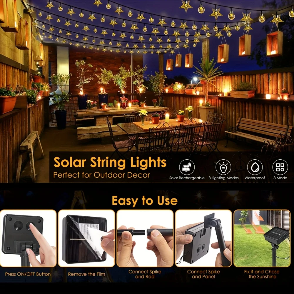Lampu Tali Kristal Natal Tenaga Surya Tahan Air LED dengan 8 Mode untuk Dekorasi Taman Luar Ruangan, Jalur, dan Patio.