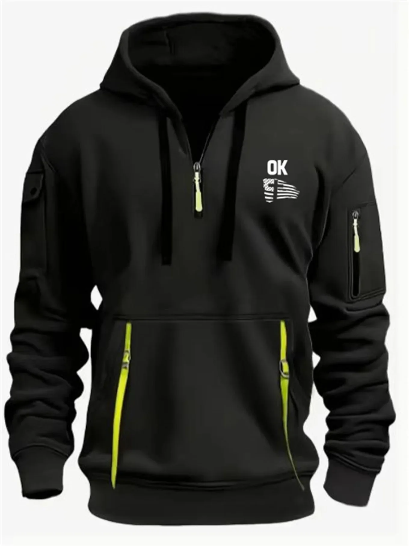 Men's and women's hooded hoodies autumn edition with multiple zippers and pockets, OK cross print for warmth