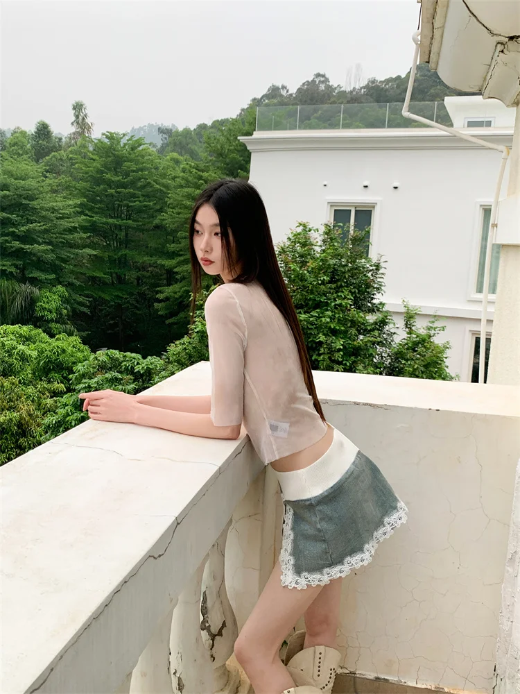 Cheer art Tie Dye Pink Bow Mesh niedlichen Top für Frauen Sommer Halbarm T-Shirt V-Ausschnitt Spitze Crop Top koreanische Mode