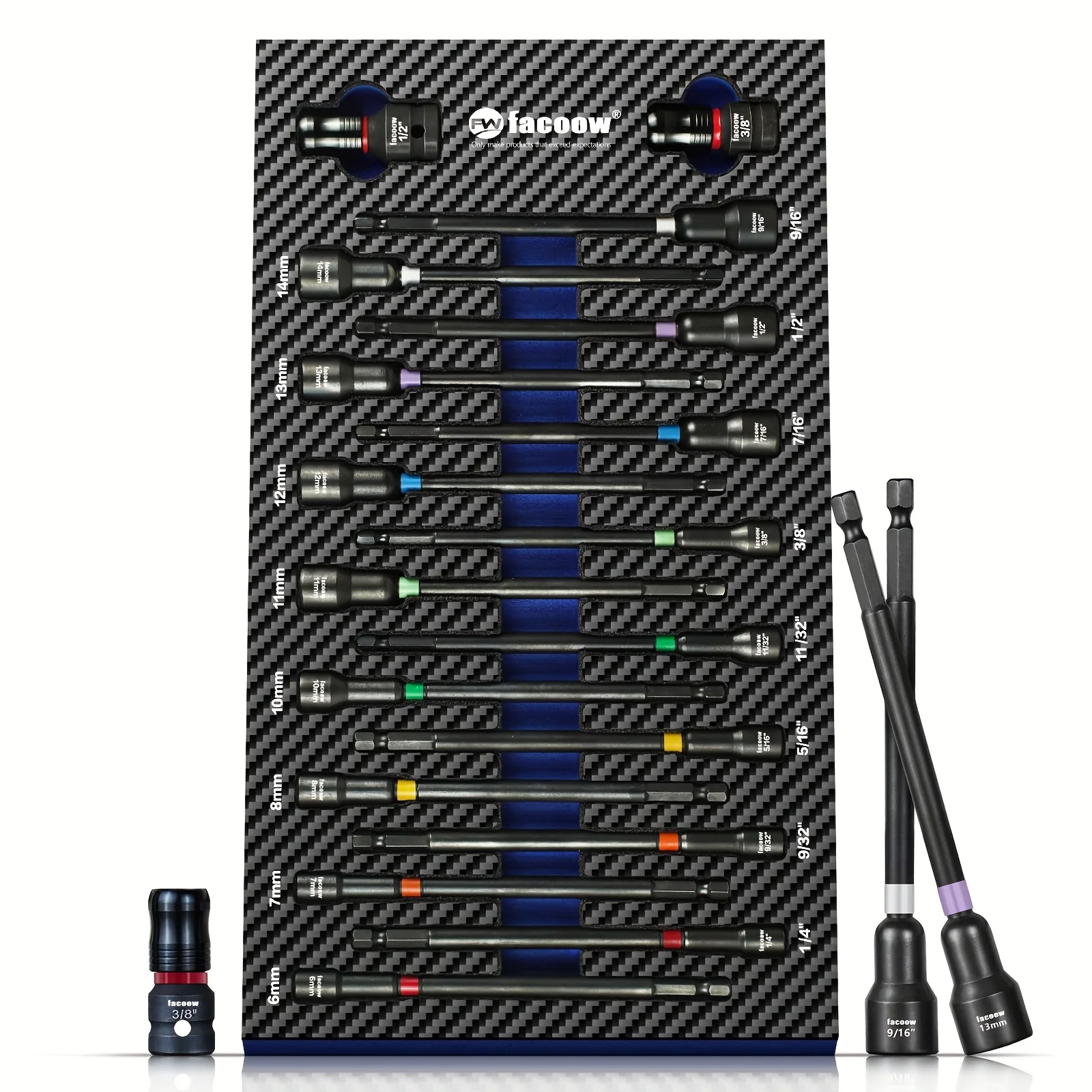 

6 Inch Long Impact Nut Driver Set, 18pcs Color Coded Nut Drivers Set, 1/4" Hex Shank with 1/2"&3/8" Impact Socket Adapters