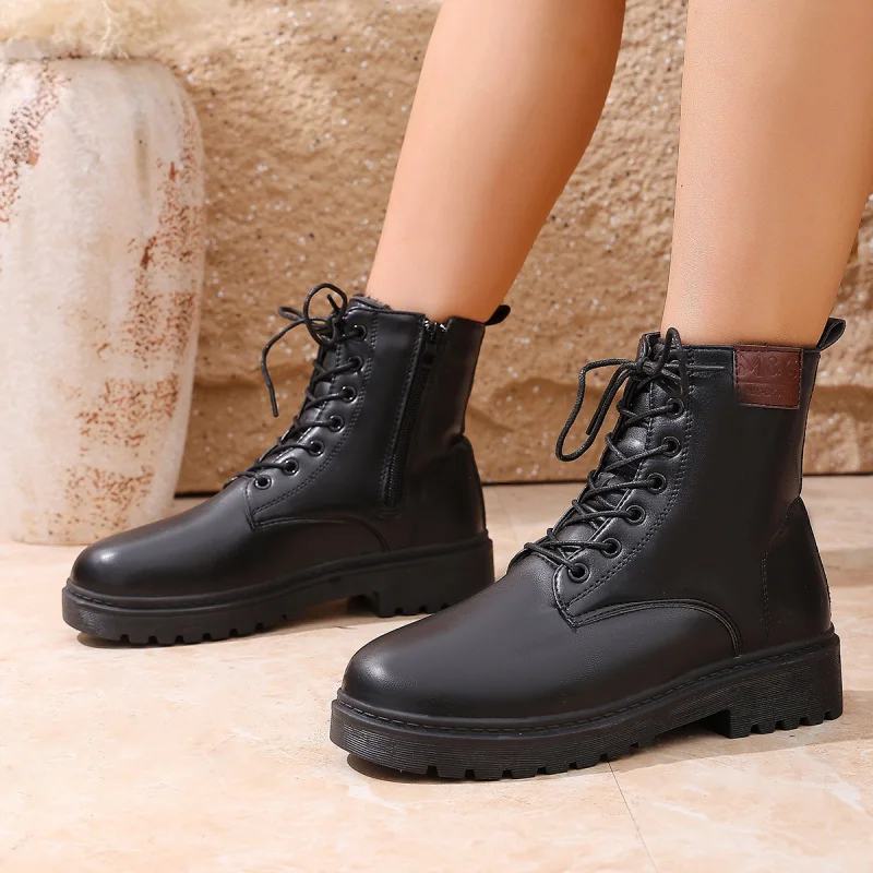 أحذية عمل كلاسيكية مكتنزة للنساء، أحذية كاحل جلدية ناعمة برباط أسود، أحذية لراكبي الدراجات النارية متعددة الاستخدامات لخريف وشتاء تطول الساقين #2