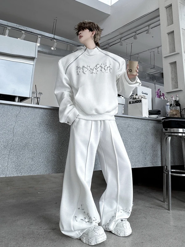 

TANGZ STUDIO Men's Faion Sweatirt Set with Zipper Deconstructed Pin Decoration Design Collar Wide Leg Pants