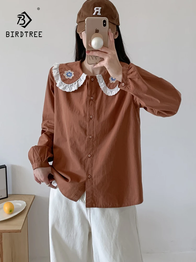 

New 2026 Summer Women Cotton Long Sleeve Shirt, Peter Pan Collar Embroidery, Mori Girl Sweet Preppy Style Loose Blouse T63048CC