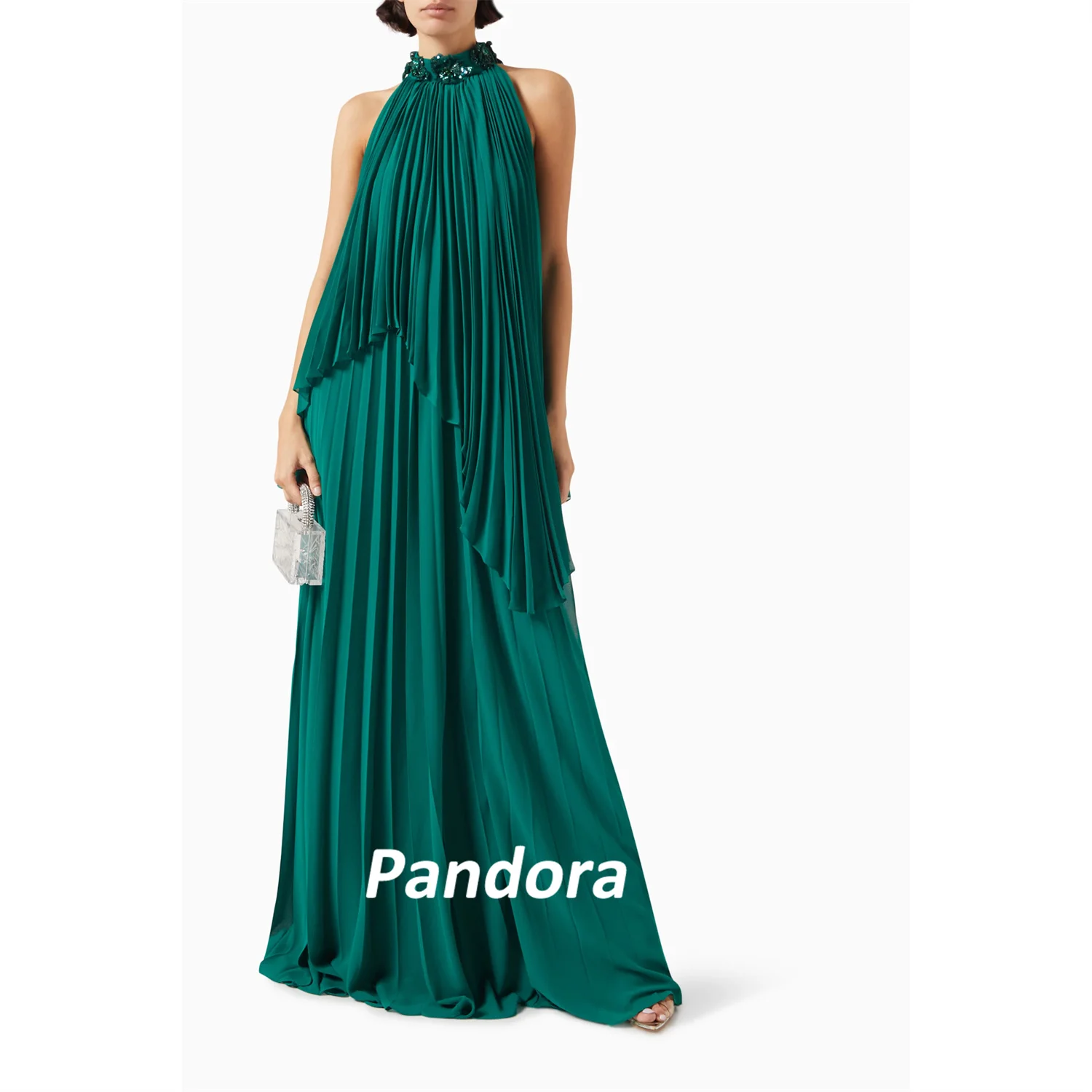 

Pandora Green A-Line Sequins High Neck Prom Dress Pleated Chiffon Evening Summer Elegant Party Dress For Women 2024