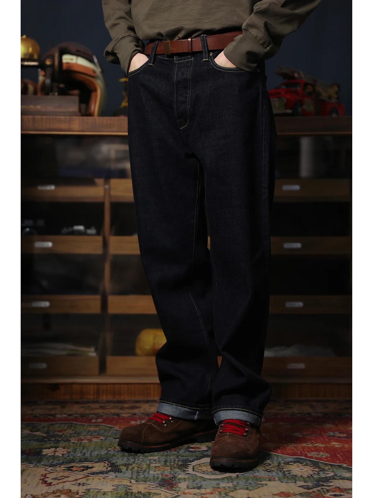 Men's 15oz Raw Selvedge Denim Jeans Fading Indigo-Dyed Pants 5