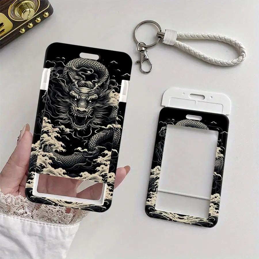 Wave Dragon Art 1Pc Card Holder Retractable Credit Card Holders Holders Child Bus with lanyard Bank ID Badge Cover Case