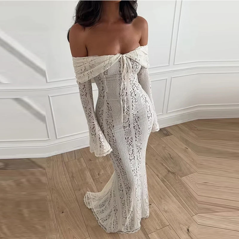 Sexy One Shoulder Embroidery Bodycon Mermaid Dresses New Long Sleeve Lace Formal occasion Dress Women Elegant French Party Dress