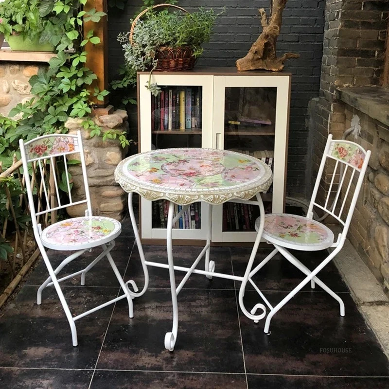 & Nordic Iron Garden Furniture Sets Home Patio Furniture Outdoor Set Creative Mosaic Painted Sunroom Outdoor Table and Chairs B
