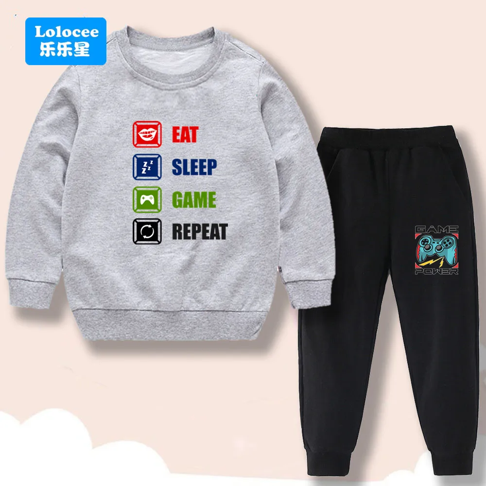 

Autumn Boys Clothes Set Kids Funny Eat Sleep Game Printed Sweatshirt Pullover And Pants 2pcs Suit Children Tracksuit YX02