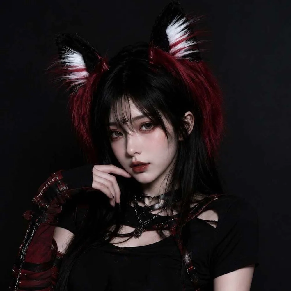 Lightweight Wolf Ears Headband Red Black Fluffy Texture Faux Fur Headwear High Simulation Anti Slip Halloween Hair Hoop