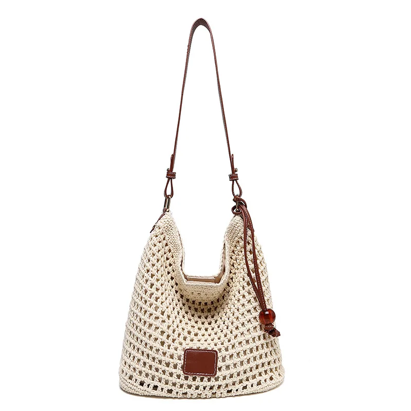 

2025 Vacation woven hollowed-out shoulder bag casual large capacity women's beach tote underarm bucket handbag