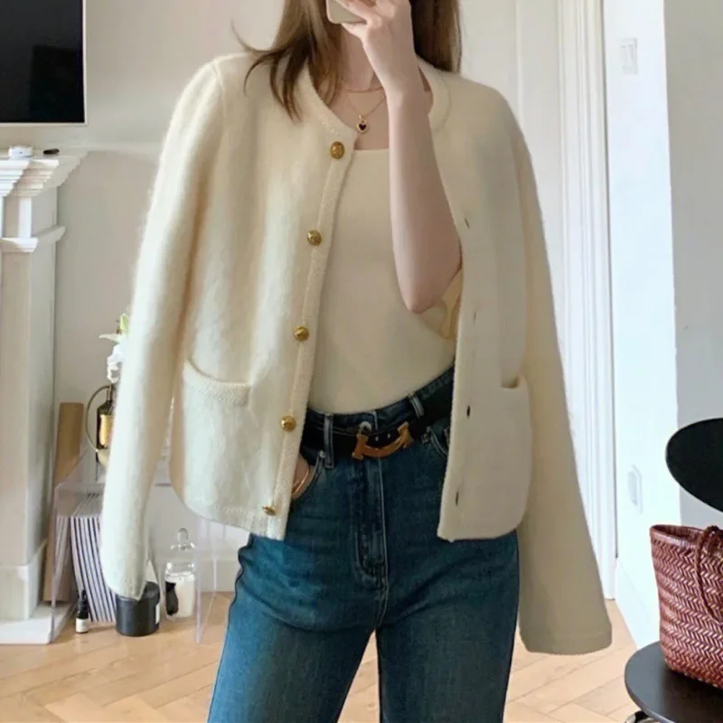 Women New White Single Breasted Knitted Cardigans O-Neck Solid Colors Knit Jackets Spring Autumn Warm Slim Chic Casual Cardigans