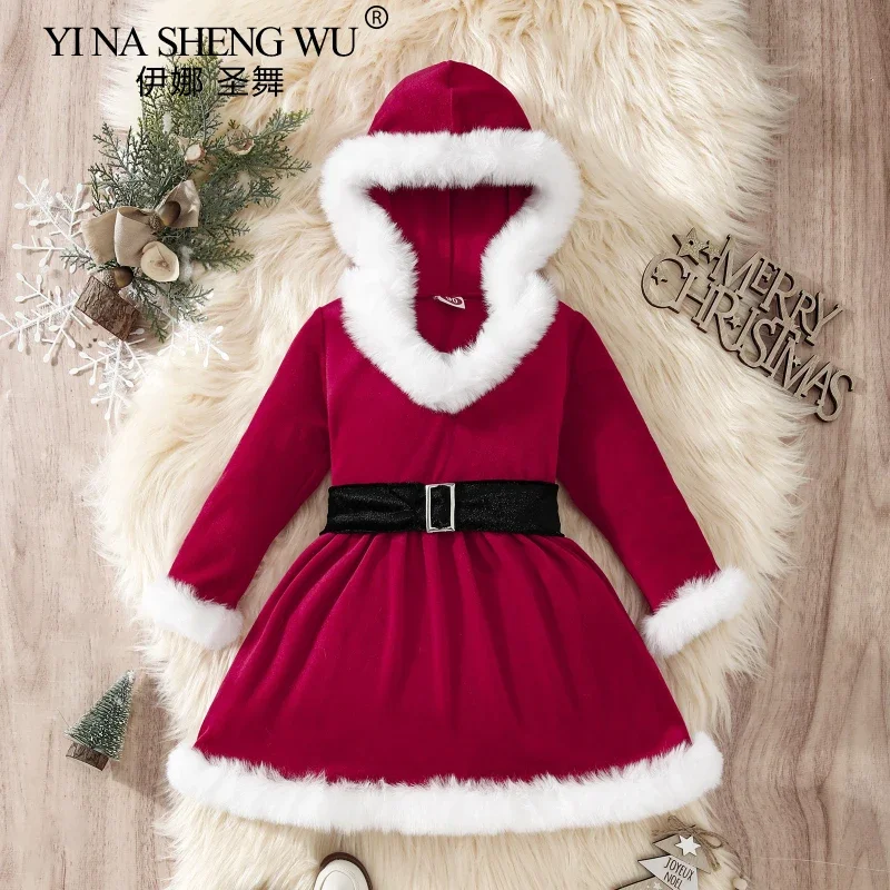 Baby Girl Chiristmas Dress Fluffy Red Slim Frock Kids Santa Cosplay Costume Holiday Party Stage Performace Outfits Hooded Dress