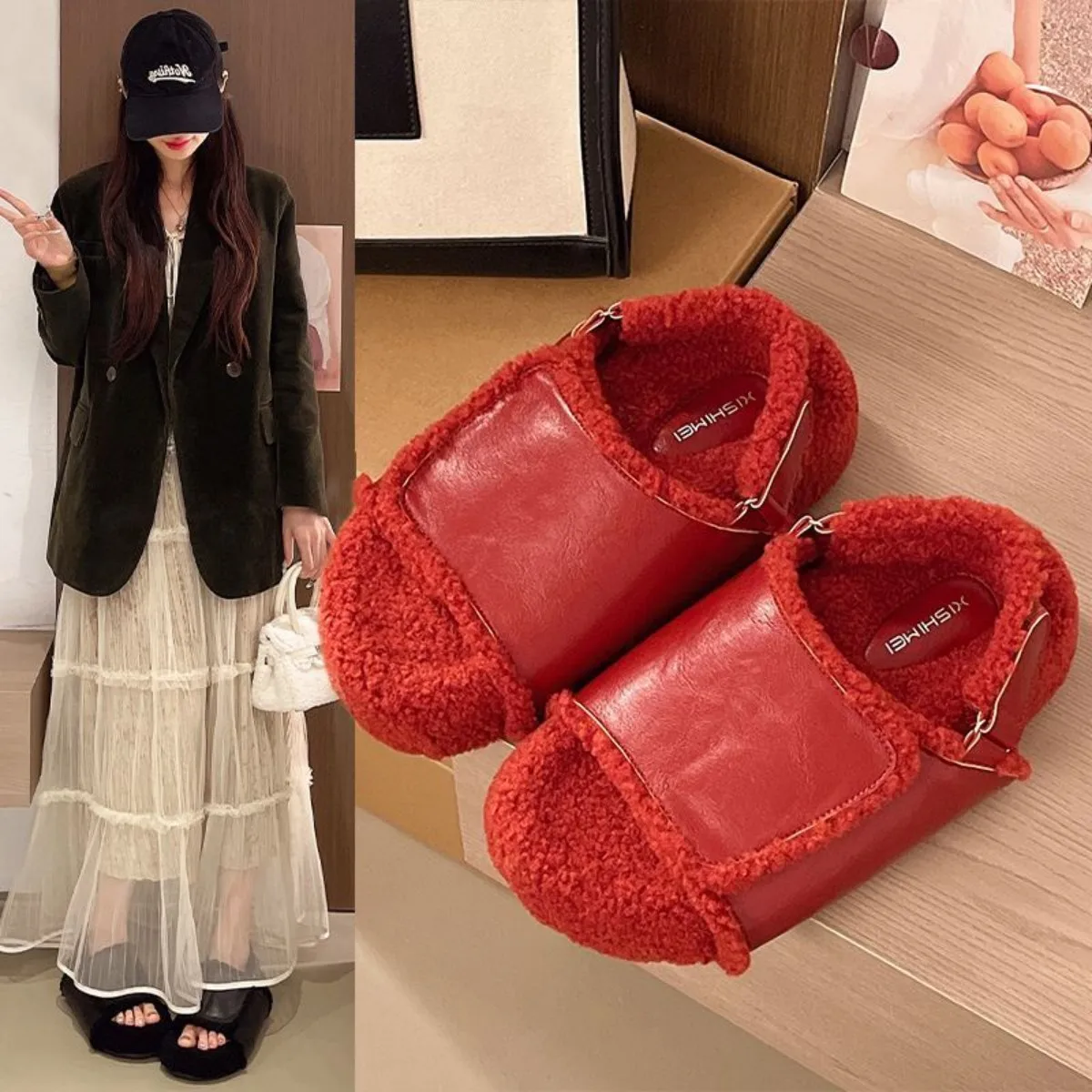 Winter Warm Fluffy Lamb Wool Mule Slippers Women Thick Sole Non Slip Plush Outdoor Shoes Woman Fashion Faux Fur Platform Slipper