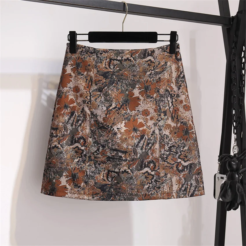 Gowyimmes Autumn Winter Fashion Big Size Women Suede Skirt Lady High Waist Print Skirts Female A-line Skirt Mini Bottomings 1682