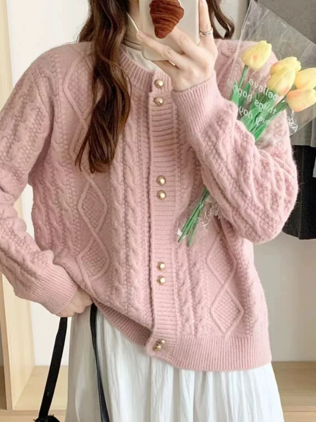 Elegant Knitted Sweater Coat Spring Autumn Twist Pattern Slimming Cardigan Top Women's Korean Style Regular Fit Long Sleeve