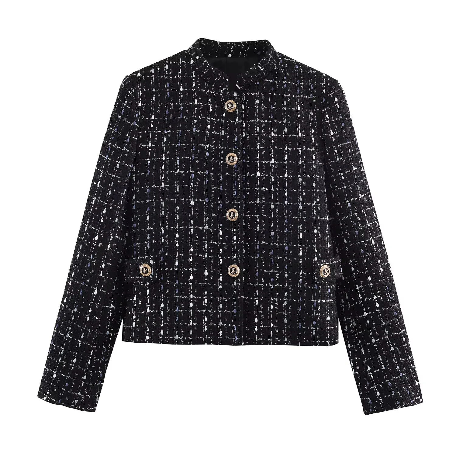 Spring New Women's Single Row Multi Button Long Sleeve High Collar Metallic Thread Texture Suit Coat