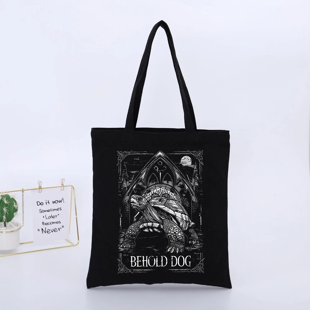 Men's Tortoise Graphic Black Canvas Tote Bag, Gothic Style for Daily Shopping and Casual Outings