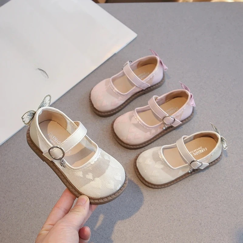 

New Little Girl Leather Shoes Mesh Heart Children's Flats Embroidered Butterfly Kids Fashion Wedding Party Causal Princess Shoes
