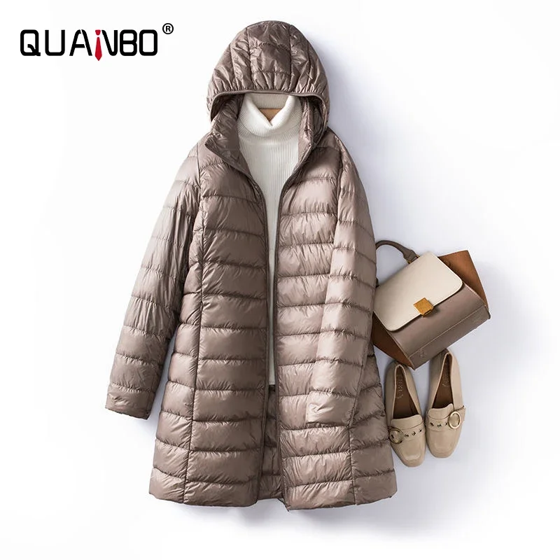 Lightweight Down Jacket Women's X-long 2024 New  Autumn Winter Fashion Hooded Haze Blue White Duck Down Female Puffer Coat