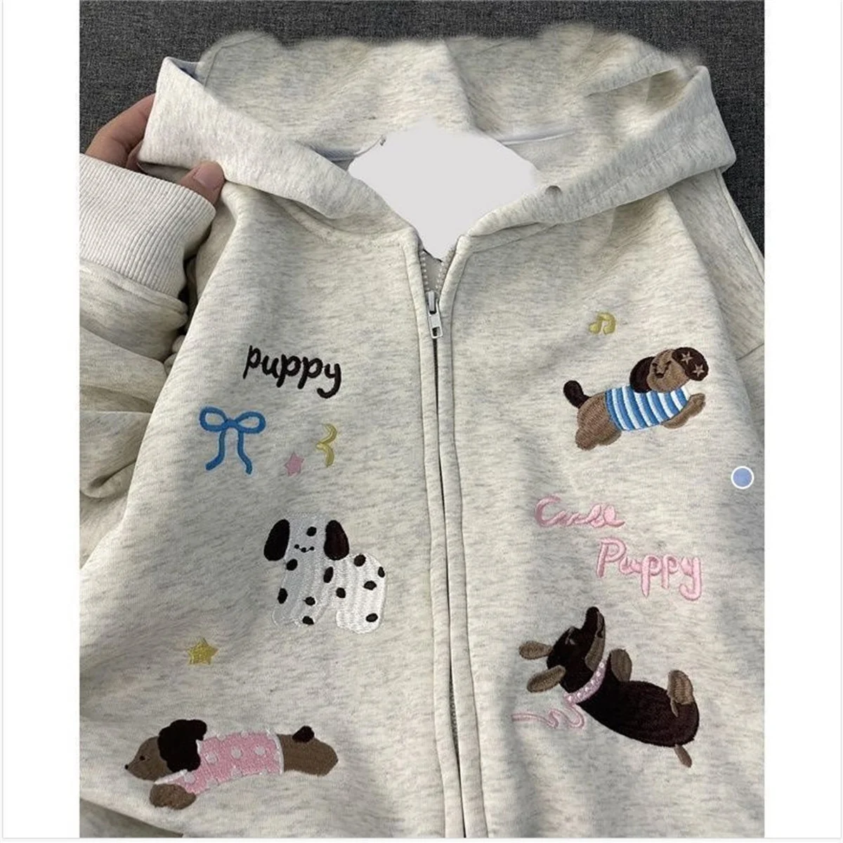 

Spring And Autumn Thin Collection Fashion Trends Versatile Casual Lazy Wind 2025 New Cute Girl Zipper Puppy Print Hooded