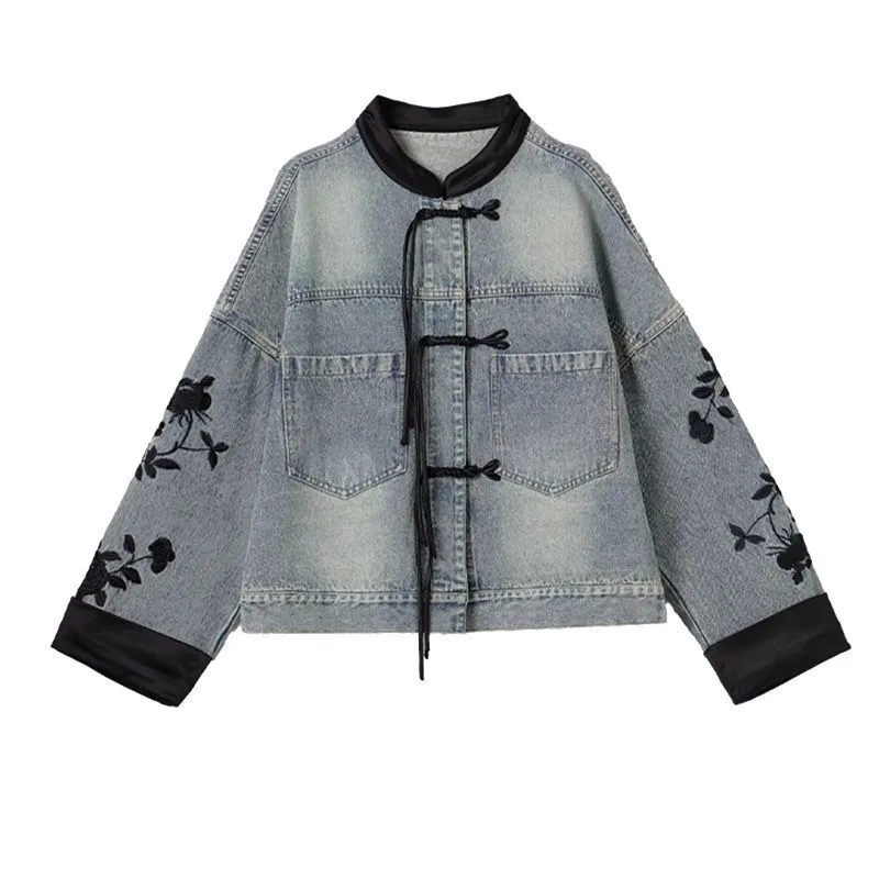 Denim Jacket for Women in Spring Autumn New Embroidered Fashion Stand Collar Spliced Coat Loose Long Sleeves Women's Jacket Coat