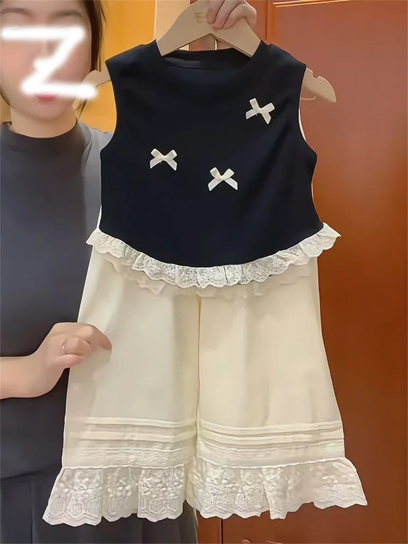

New Girls Bow Clothing Sets Fashion Children's Knotbow Decoration Sleeveless Tops+Pants 2Pcs Suits Lace Stitching Kids Clothes