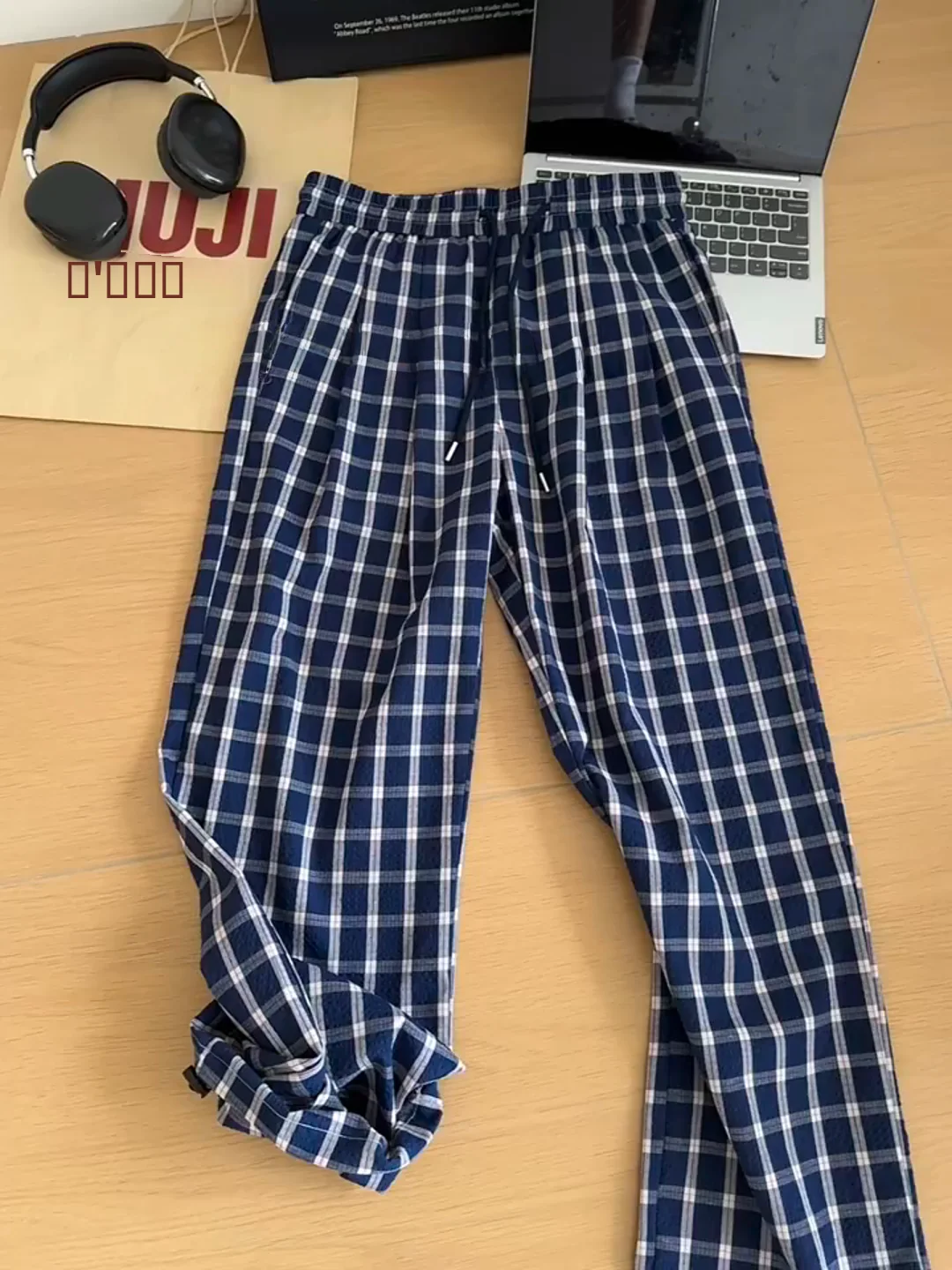 

Retro American Bubble Cloth Plaid Men's Early Autumn Cleanfit Straight Leg Slimming Casual Pants Loose Fit Elastic Waist