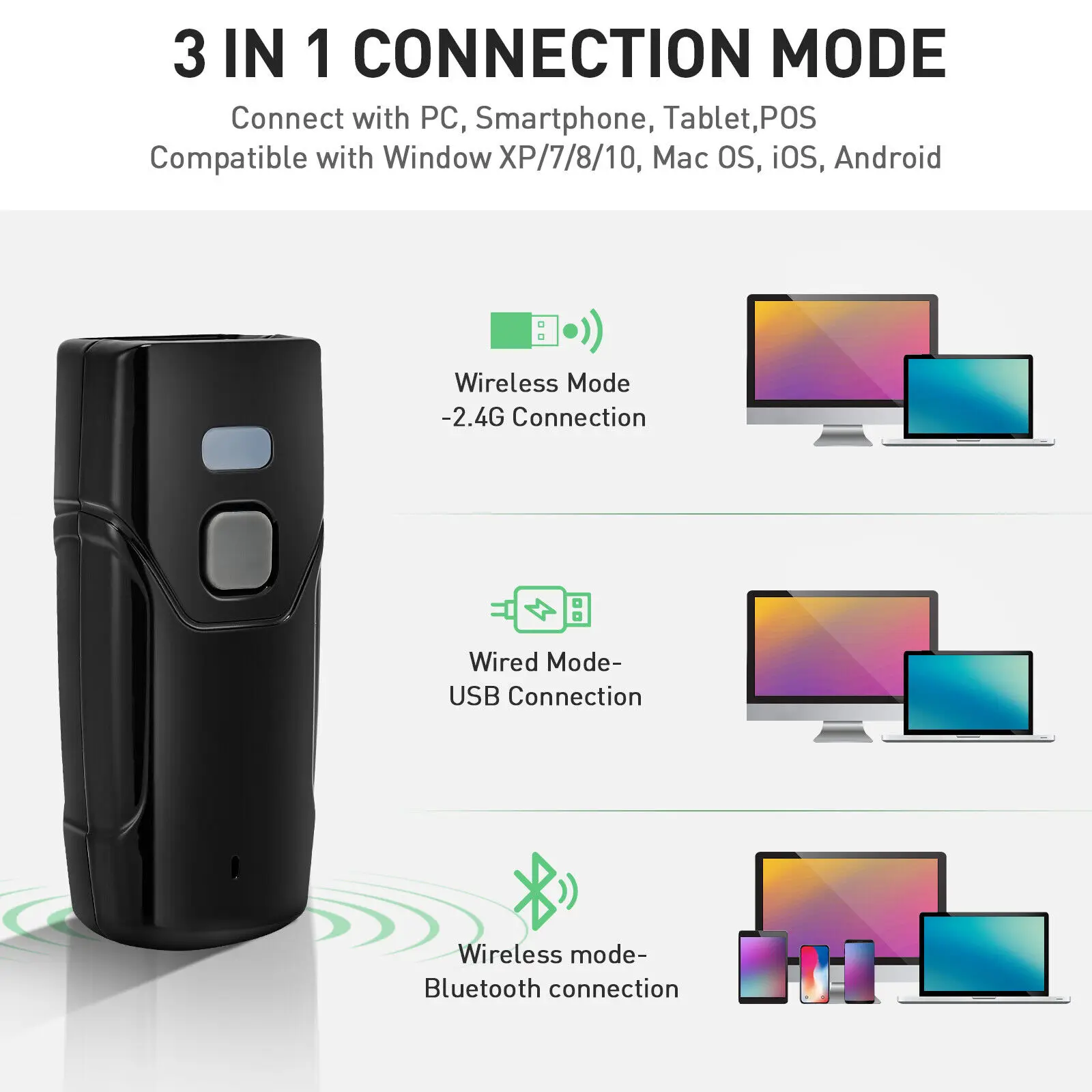 JOOYTEC Wireless 1D 2D Barcode Scanner Bluetooth Mini Scanner Support Windows Android POS