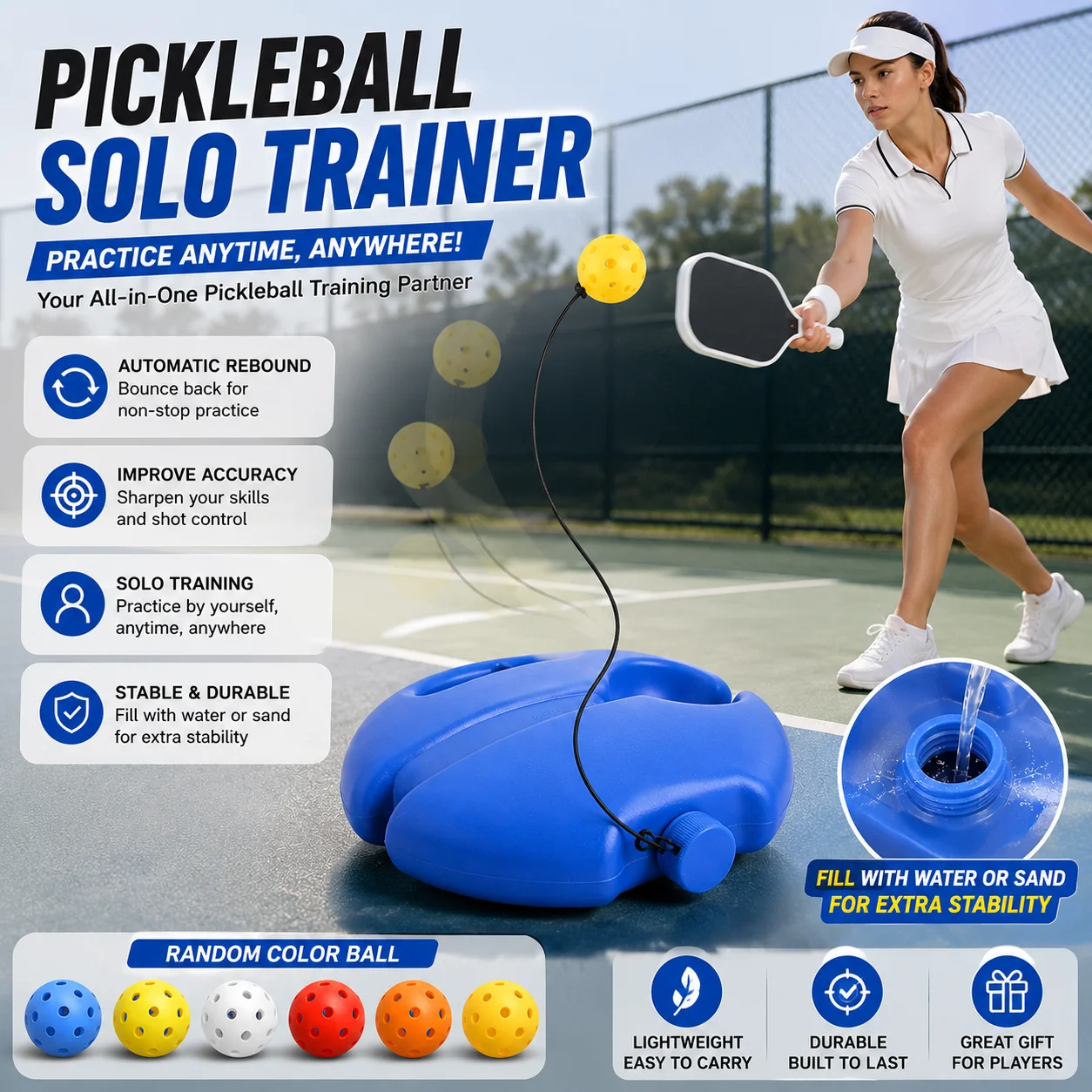 Pickleball Solo Training Equipment with Rebound Ball, Elastic Rope and Stable Water Injection Base for New Players Practice